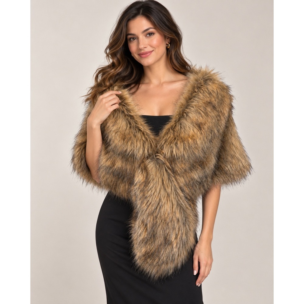 Faux Fur Shawl Womens OS Mob Wife Old Hollywood Glam Brown Wrap Stole